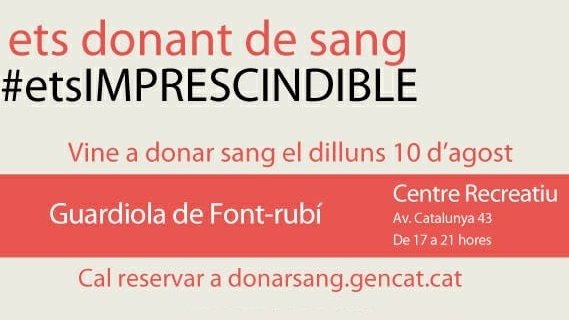 Ja podeu fer la reserva prèvia per la donació de sang del dia 10 d’agost a Guardiola