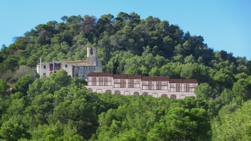 Fotomuntatge amb l'estudi de detall presentat, agafant l'alçada reguladora màxima segons els caraner de l'escola existent